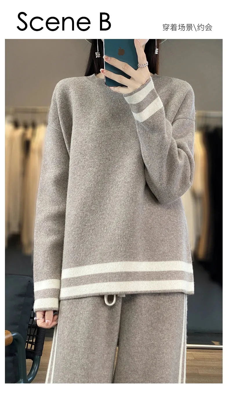 100% Merino Wool Suit Autumn/Winter New Fashion Two-Piece Set Women's Round Neck Pullover Casual High Waisted Trousers Suit