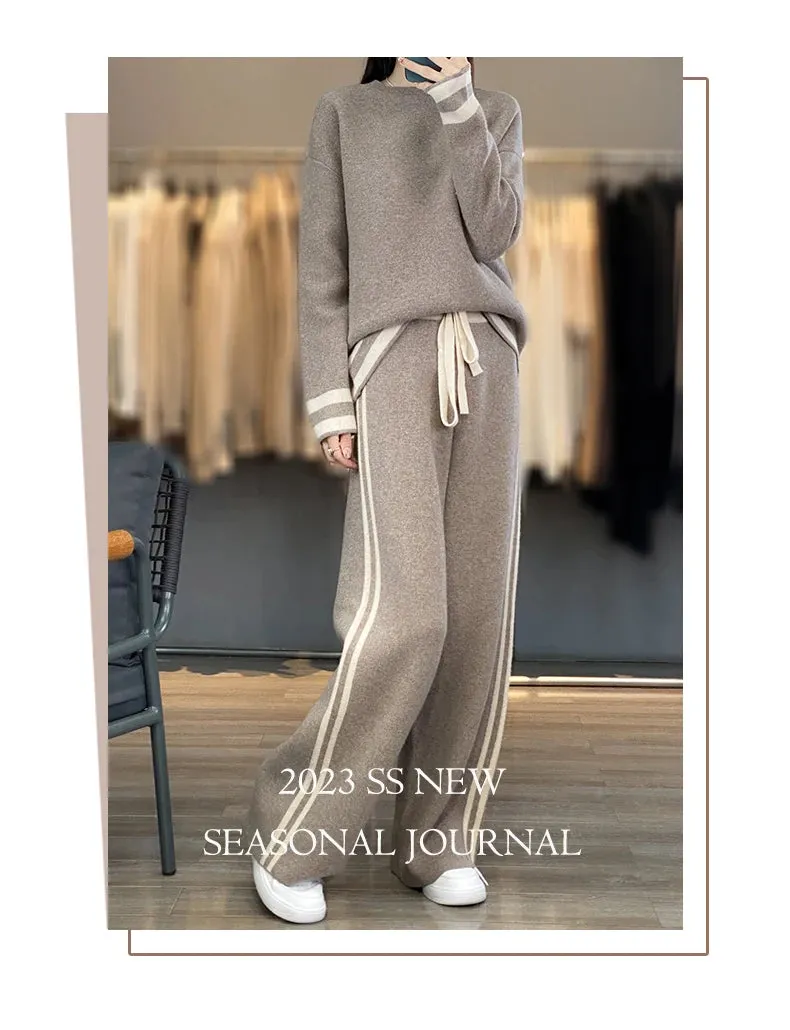 100% Merino Wool Suit Autumn/Winter New Fashion Two-Piece Set Women's Round Neck Pullover Casual High Waisted Trousers Suit