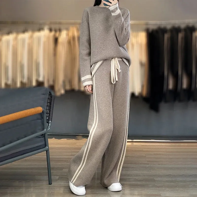 100% Merino Wool Suit Autumn/Winter New Fashion Two-Piece Set Women's Round Neck Pullover Casual High Waisted Trousers Suit