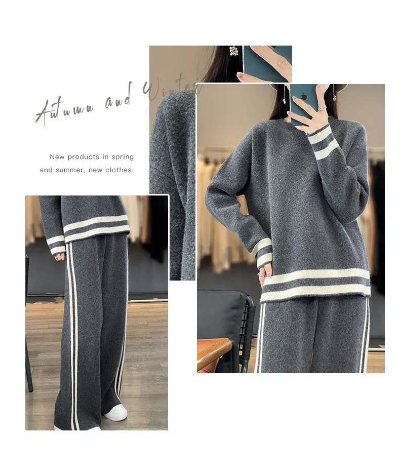100% Merino Wool Suit Autumn/Winter New Fashion Two-Piece Set Women's Round Neck Pullover Casual High Waisted Trousers Suit