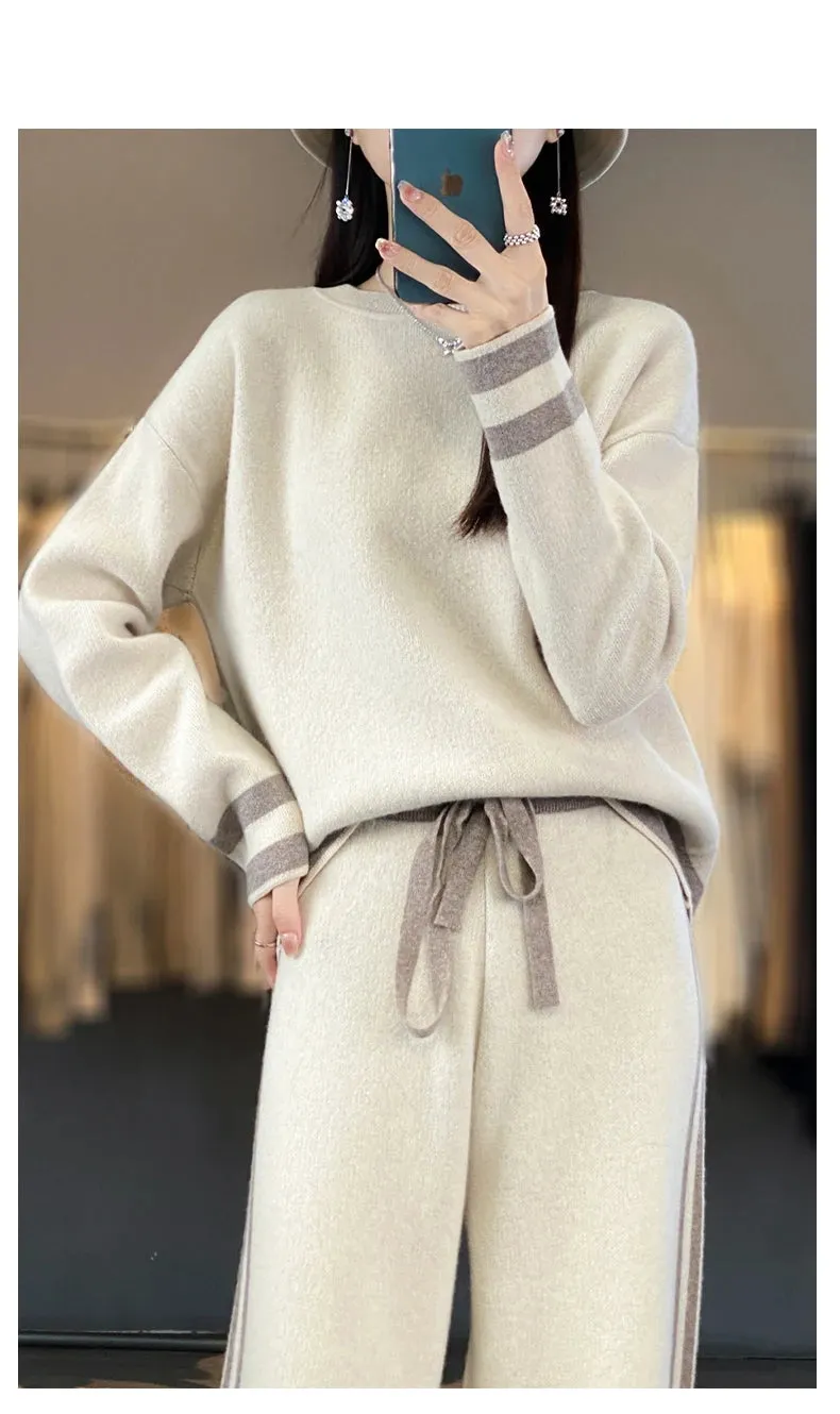 100% Merino Wool Suit Autumn/Winter New Fashion Two-Piece Set Women's Round Neck Pullover Casual High Waisted Trousers Suit
