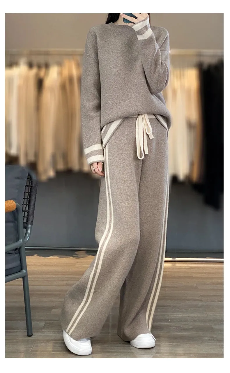 100% Merino Wool Suit Autumn/Winter New Fashion Two-Piece Set Women's Round Neck Pullover Casual High Waisted Trousers Suit