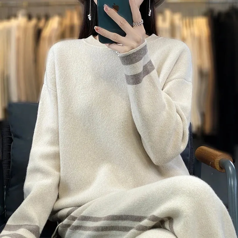 100% Merino Wool Suit Autumn/Winter New Fashion Two-Piece Set Women's Round Neck Pullover Casual High Waisted Trousers Suit