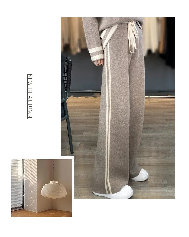 100% Merino Wool Suit Autumn/Winter New Fashion Two-Piece Set Women's Round Neck Pullover Casual High Waisted Trousers Suit