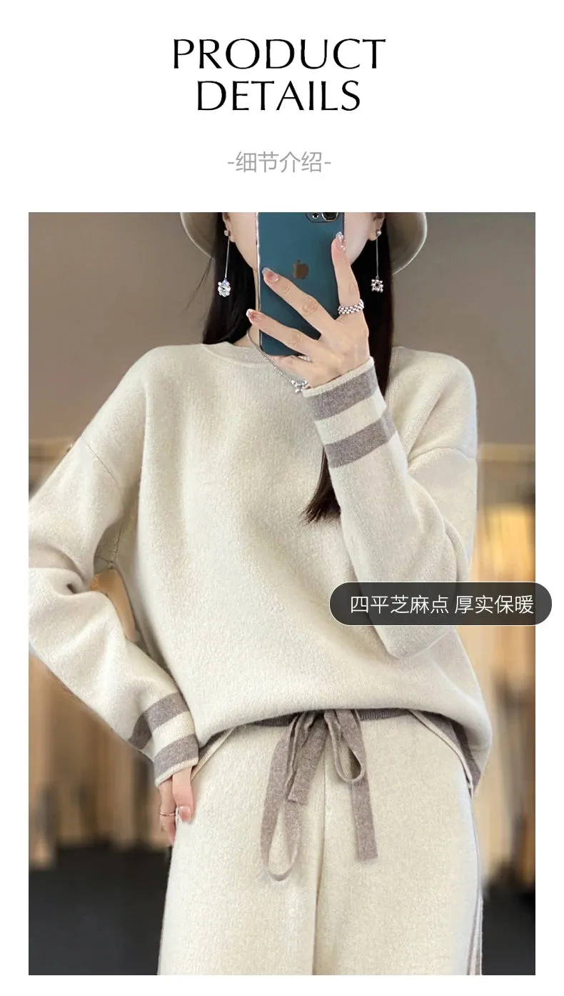 100% Merino Wool Suit Autumn/Winter New Fashion Two-Piece Set Women's Round Neck Pullover Casual High Waisted Trousers Suit