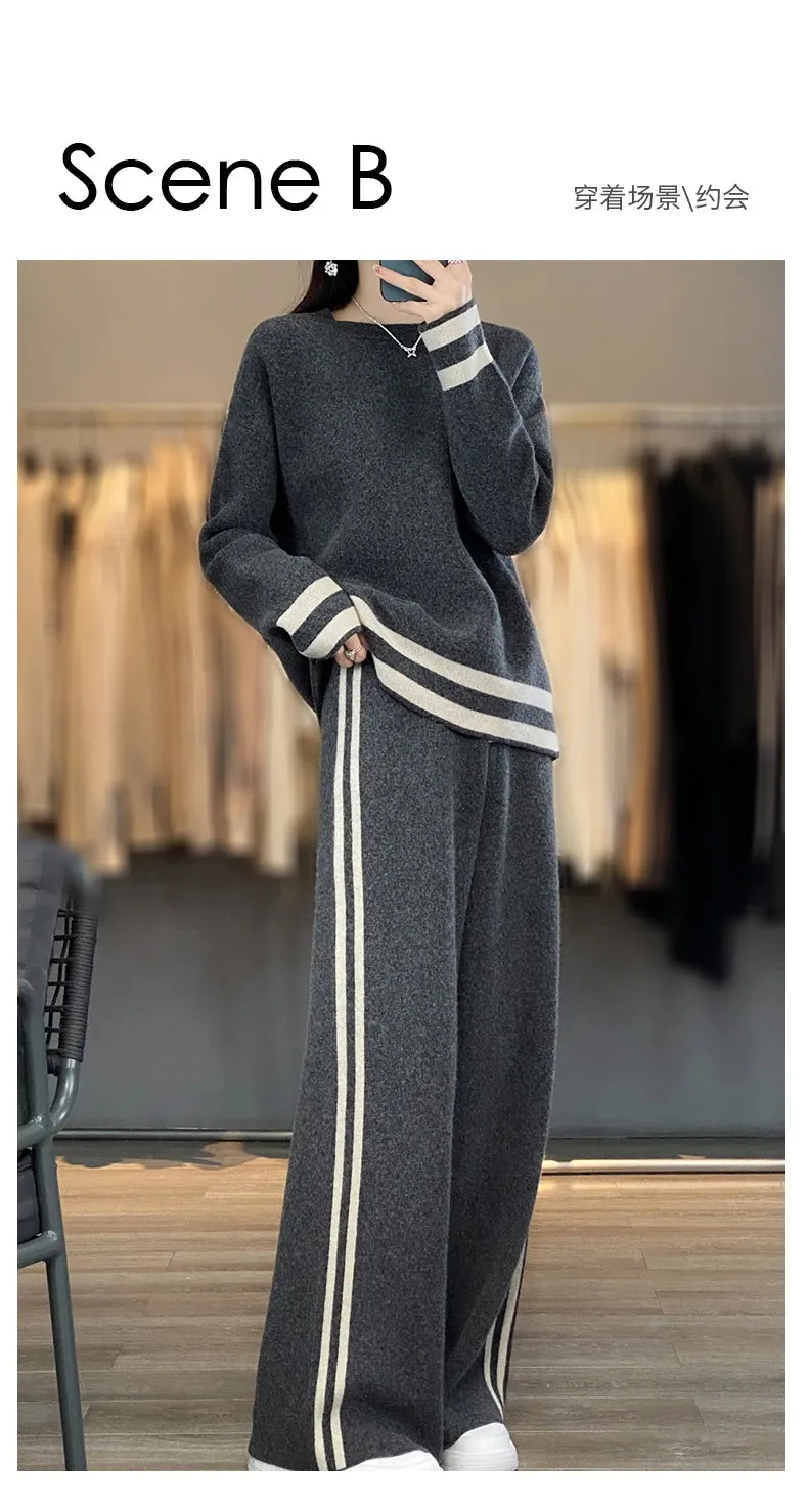 100% Merino Wool Suit Autumn/Winter New Fashion Two-Piece Set Women's Round Neck Pullover Casual High Waisted Trousers Suit