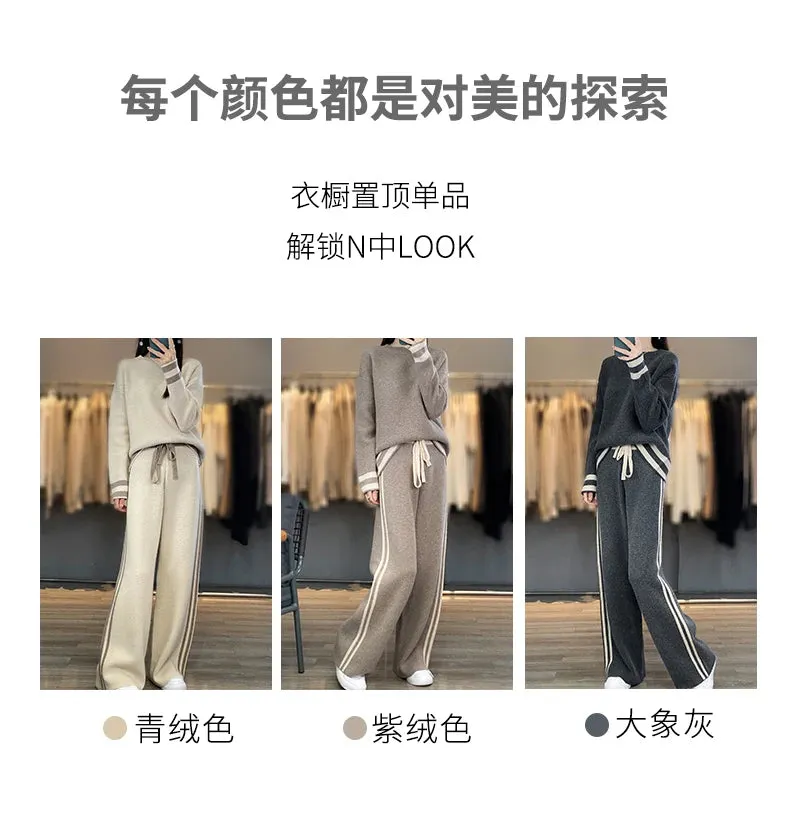 100% Merino Wool Suit Autumn/Winter New Fashion Two-Piece Set Women's Round Neck Pullover Casual High Waisted Trousers Suit