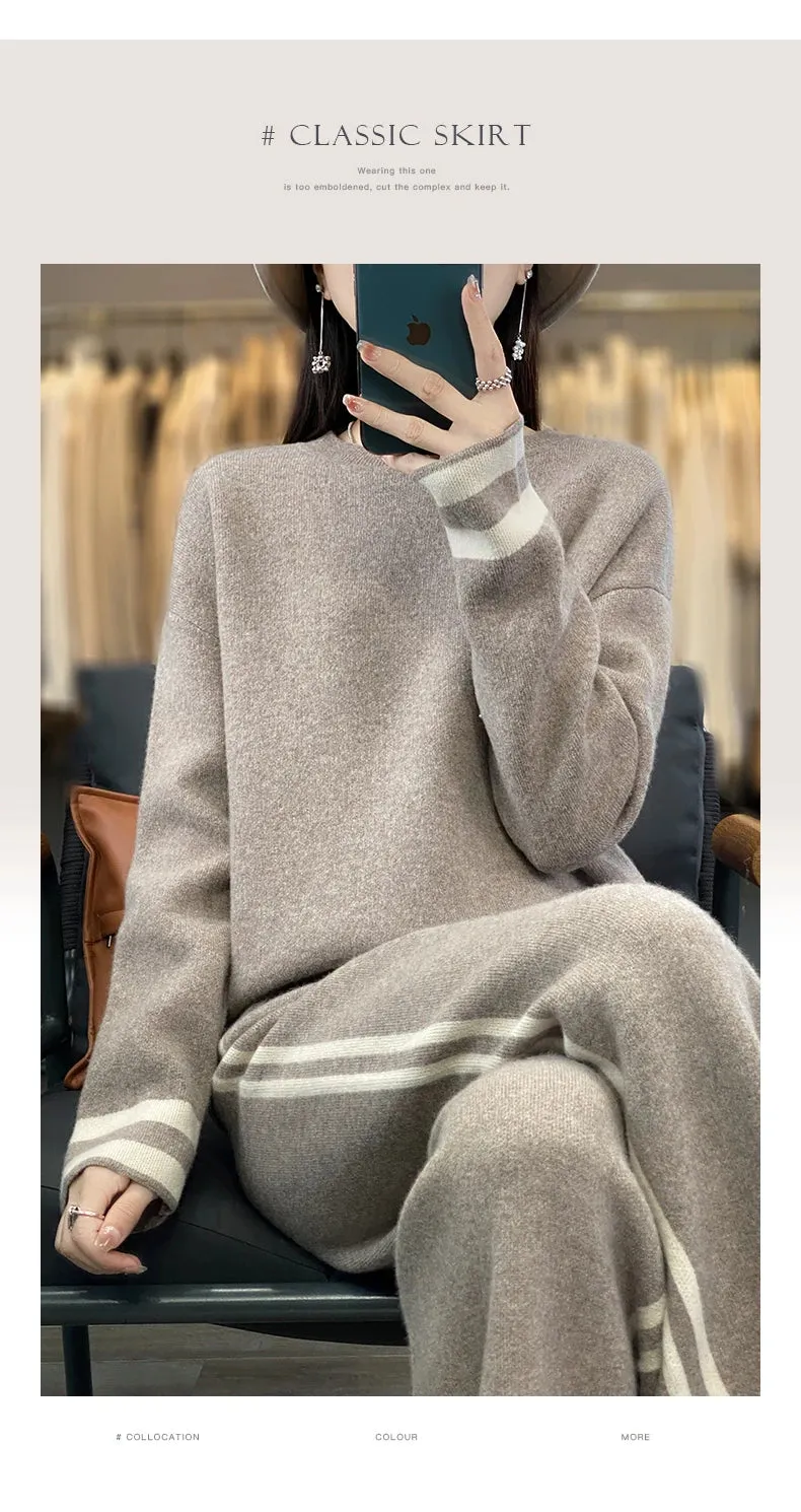 100% Merino Wool Suit Autumn/Winter New Fashion Two-Piece Set Women's Round Neck Pullover Casual High Waisted Trousers Suit