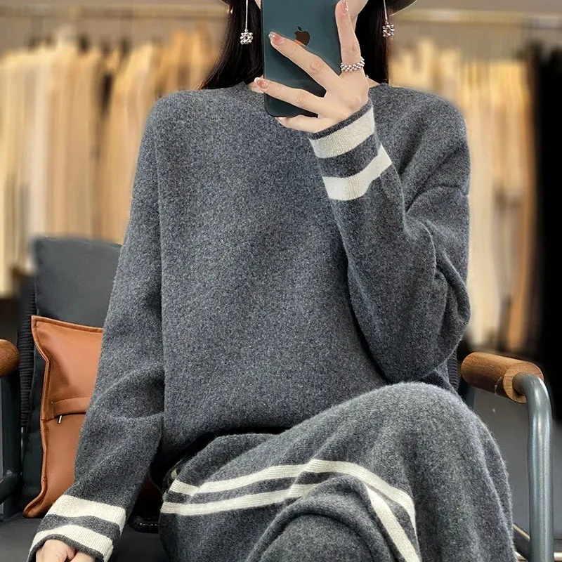 100% Merino Wool Suit Autumn/Winter New Fashion Two-Piece Set Women's Round Neck Pullover Casual High Waisted Trousers Suit