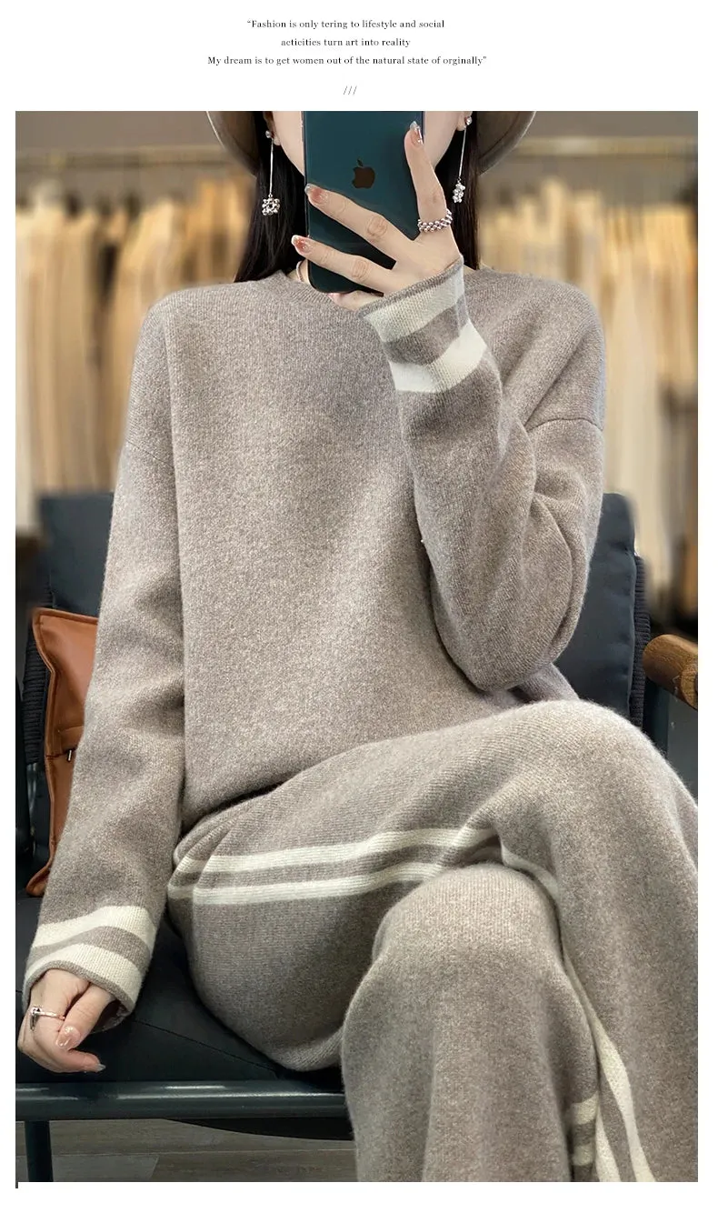 100% Merino Wool Suit Autumn/Winter New Fashion Two-Piece Set Women's Round Neck Pullover Casual High Waisted Trousers Suit