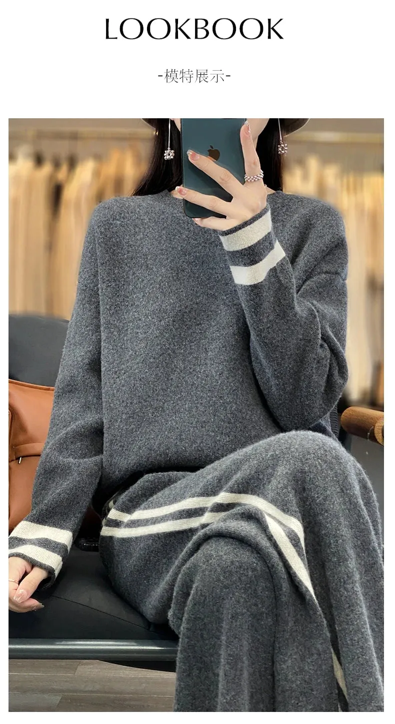 100% Merino Wool Suit Autumn/Winter New Fashion Two-Piece Set Women's Round Neck Pullover Casual High Waisted Trousers Suit