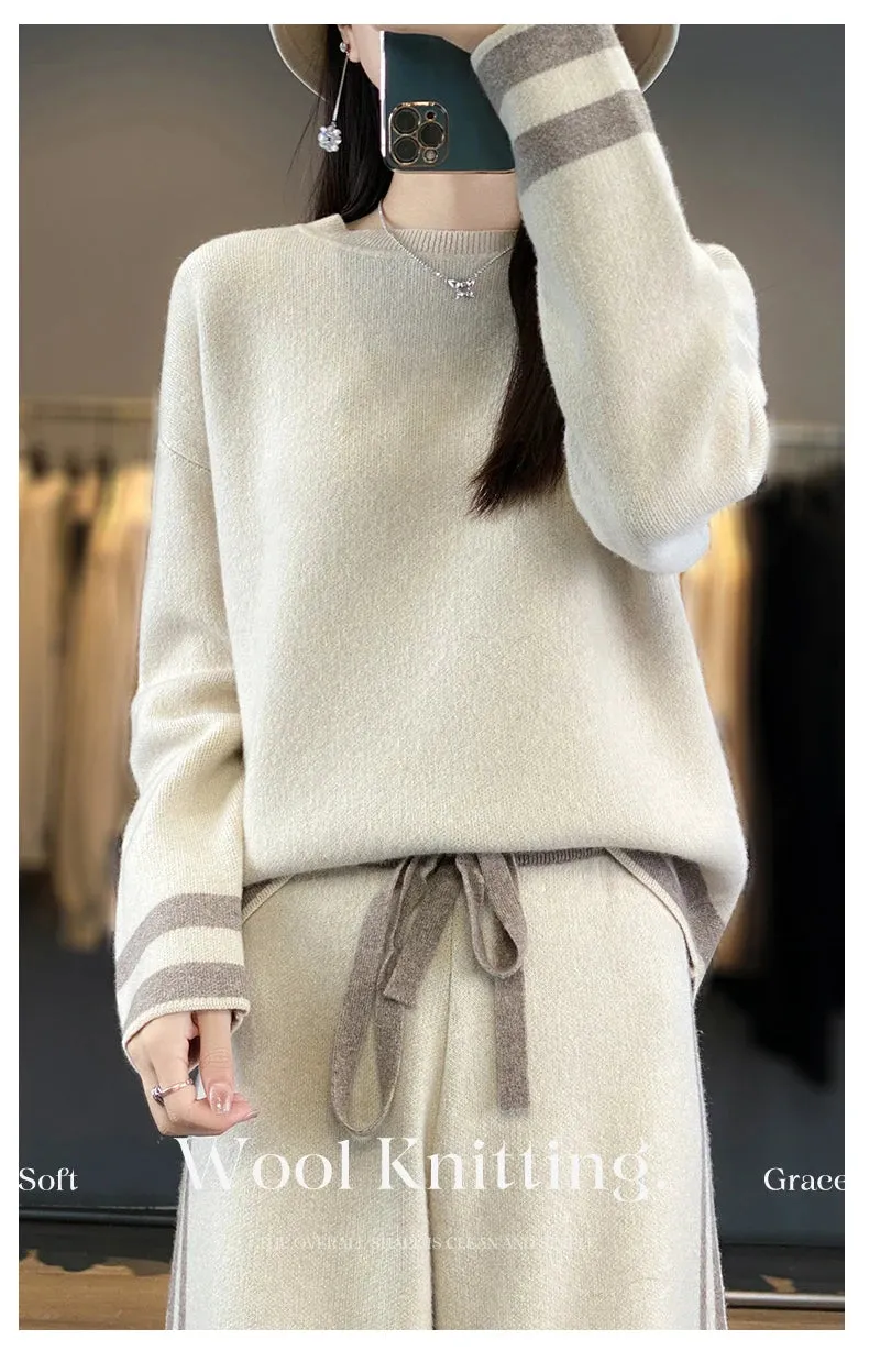 100% Merino Wool Suit Autumn/Winter New Fashion Two-Piece Set Women's Round Neck Pullover Casual High Waisted Trousers Suit