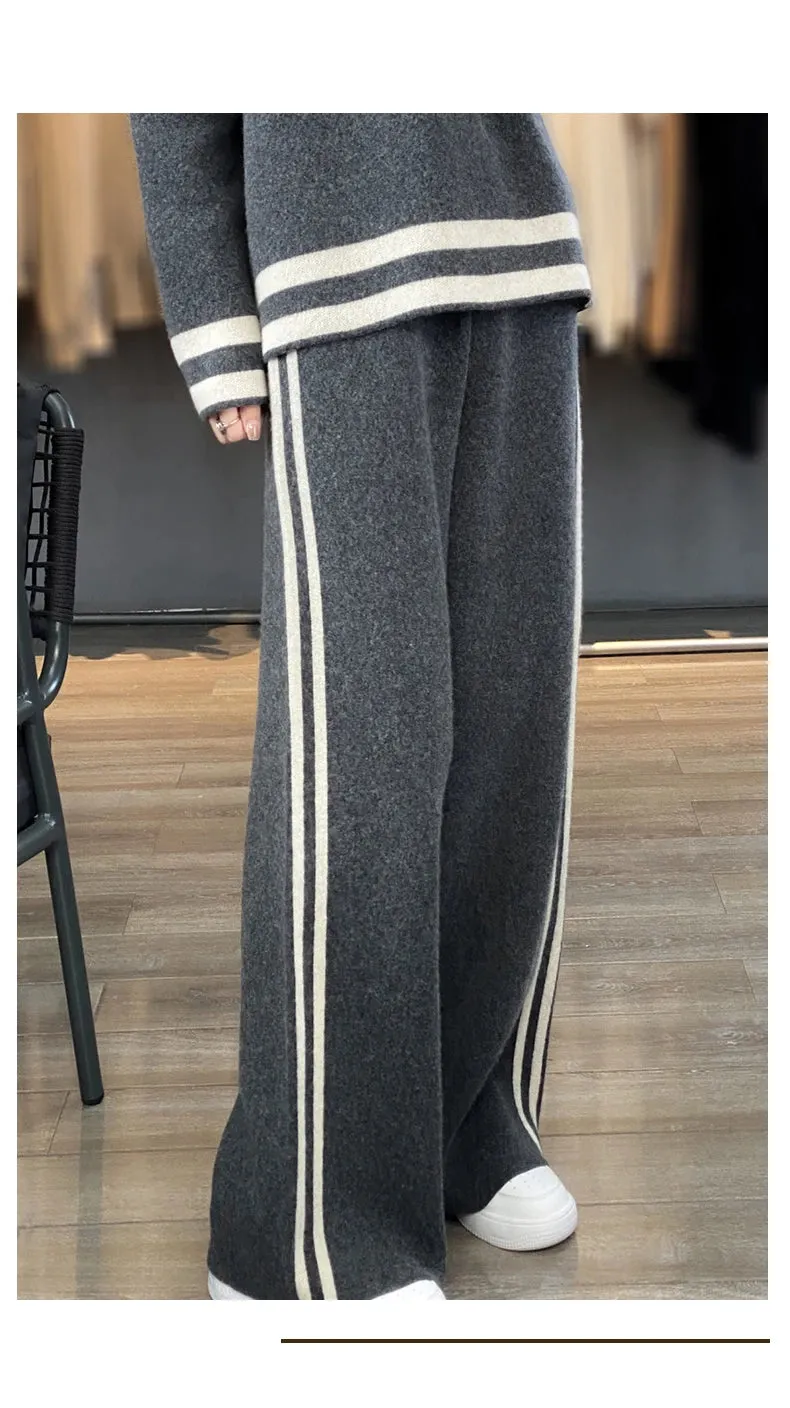 100% Merino Wool Suit Autumn/Winter New Fashion Two-Piece Set Women's Round Neck Pullover Casual High Waisted Trousers Suit