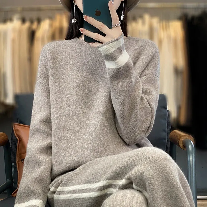 100% Merino Wool Suit Autumn/Winter New Fashion Two-Piece Set Women's Round Neck Pullover Casual High Waisted Trousers Suit