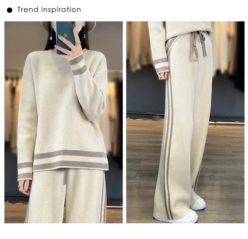 100% Merino Wool Suit Autumn/Winter New Fashion Two-Piece Set Women's Round Neck Pullover Casual High Waisted Trousers Suit