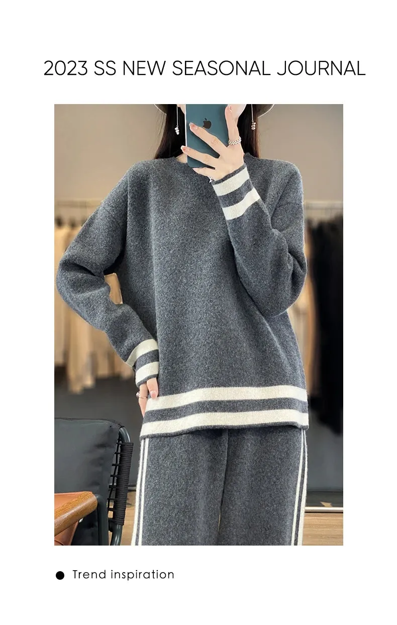 100% Merino Wool Suit Autumn/Winter New Fashion Two-Piece Set Women's Round Neck Pullover Casual High Waisted Trousers Suit