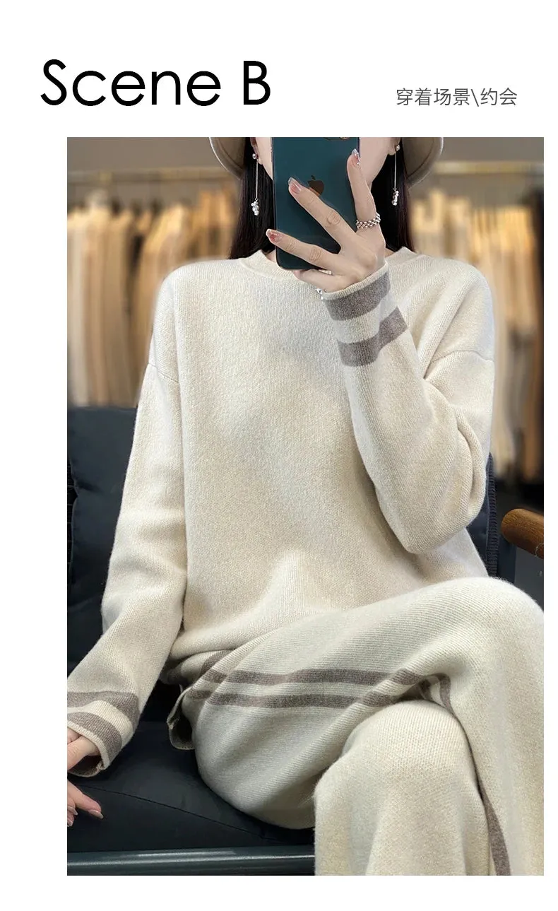 100% Merino Wool Suit Autumn/Winter New Fashion Two-Piece Set Women's Round Neck Pullover Casual High Waisted Trousers Suit