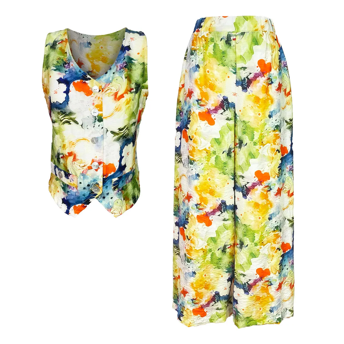 2813100854 Organic Watercolor Vest and Pants Set Leaves