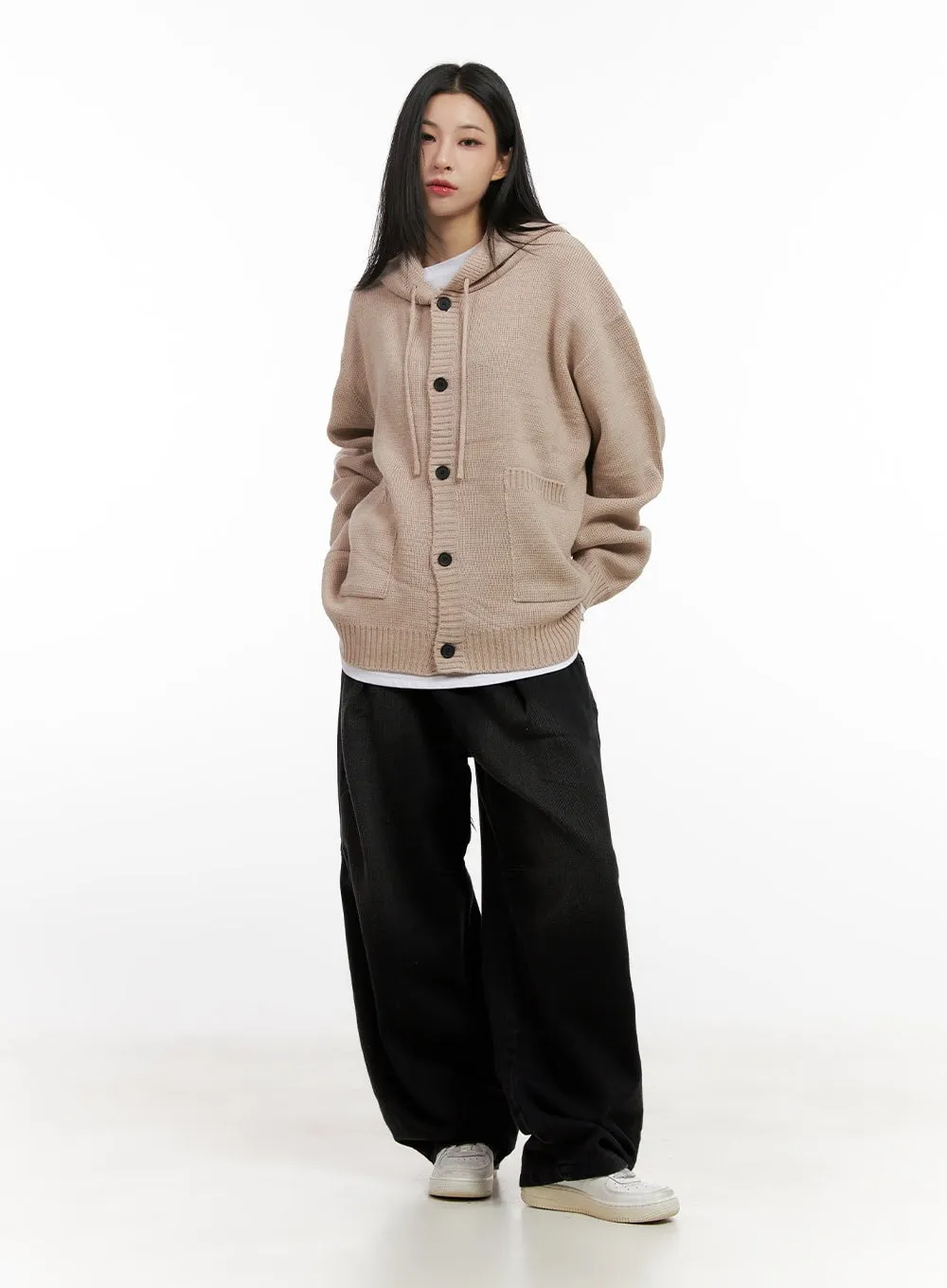 Buttoned Loose-Fit Hooded Cardigan CN416