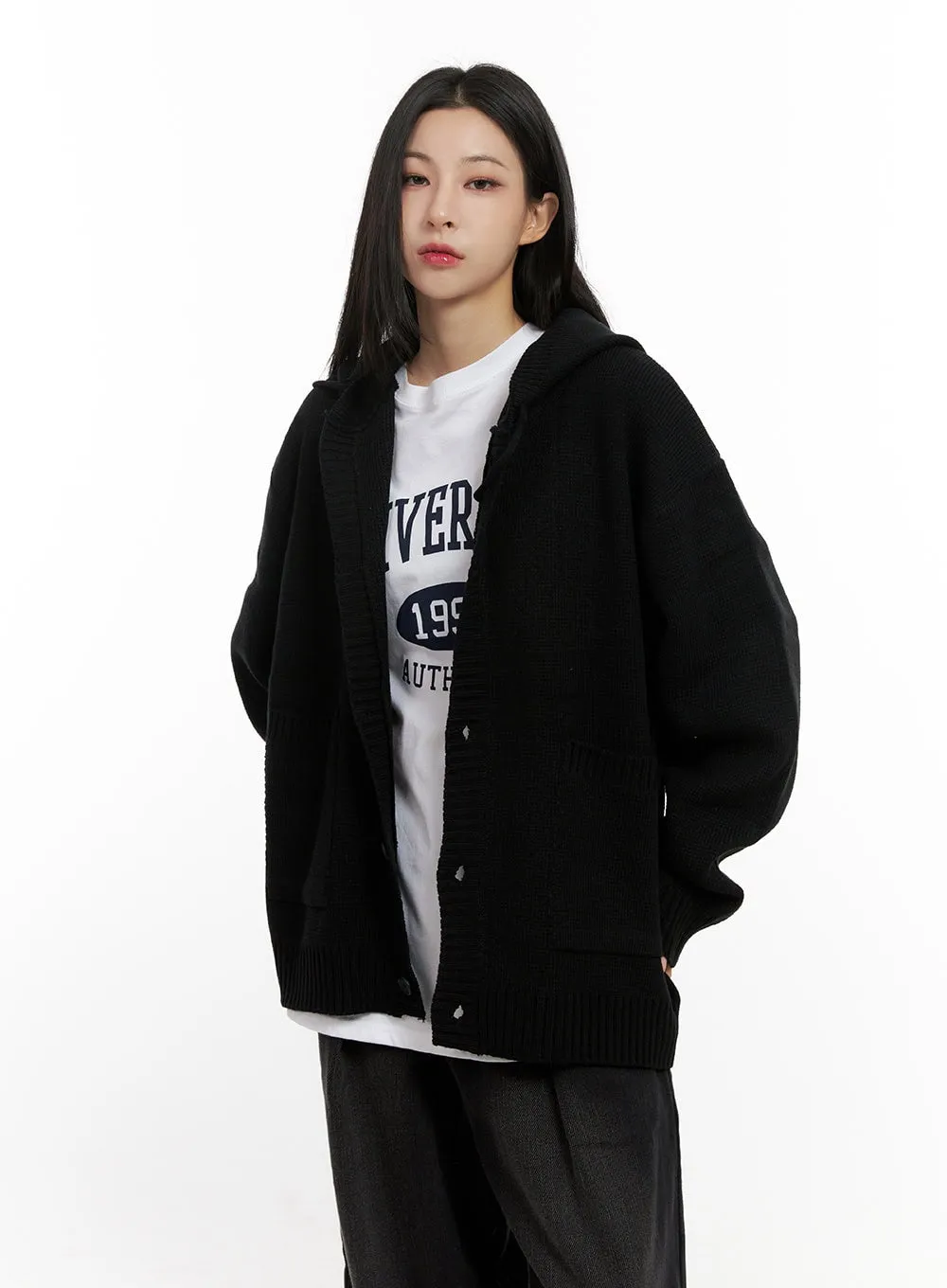 Buttoned Loose-Fit Hooded Cardigan CN416