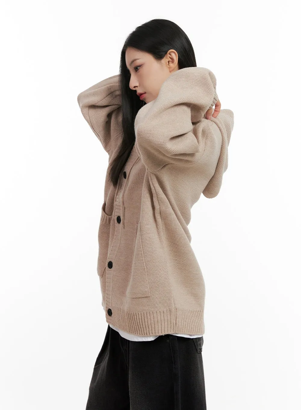 Buttoned Loose-Fit Hooded Cardigan CN416