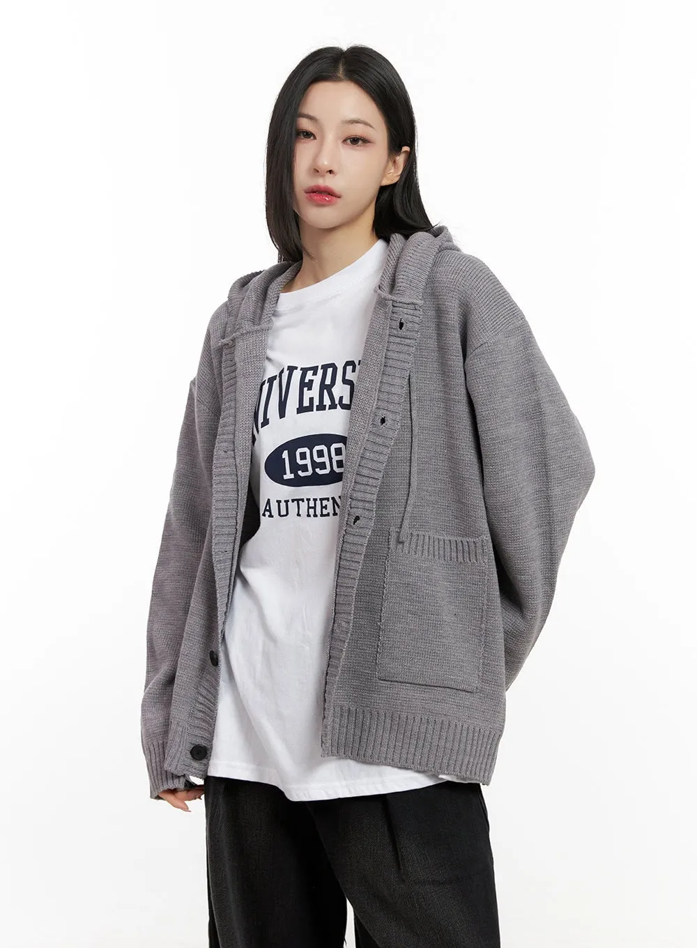 Buttoned Loose-Fit Hooded Cardigan CN416