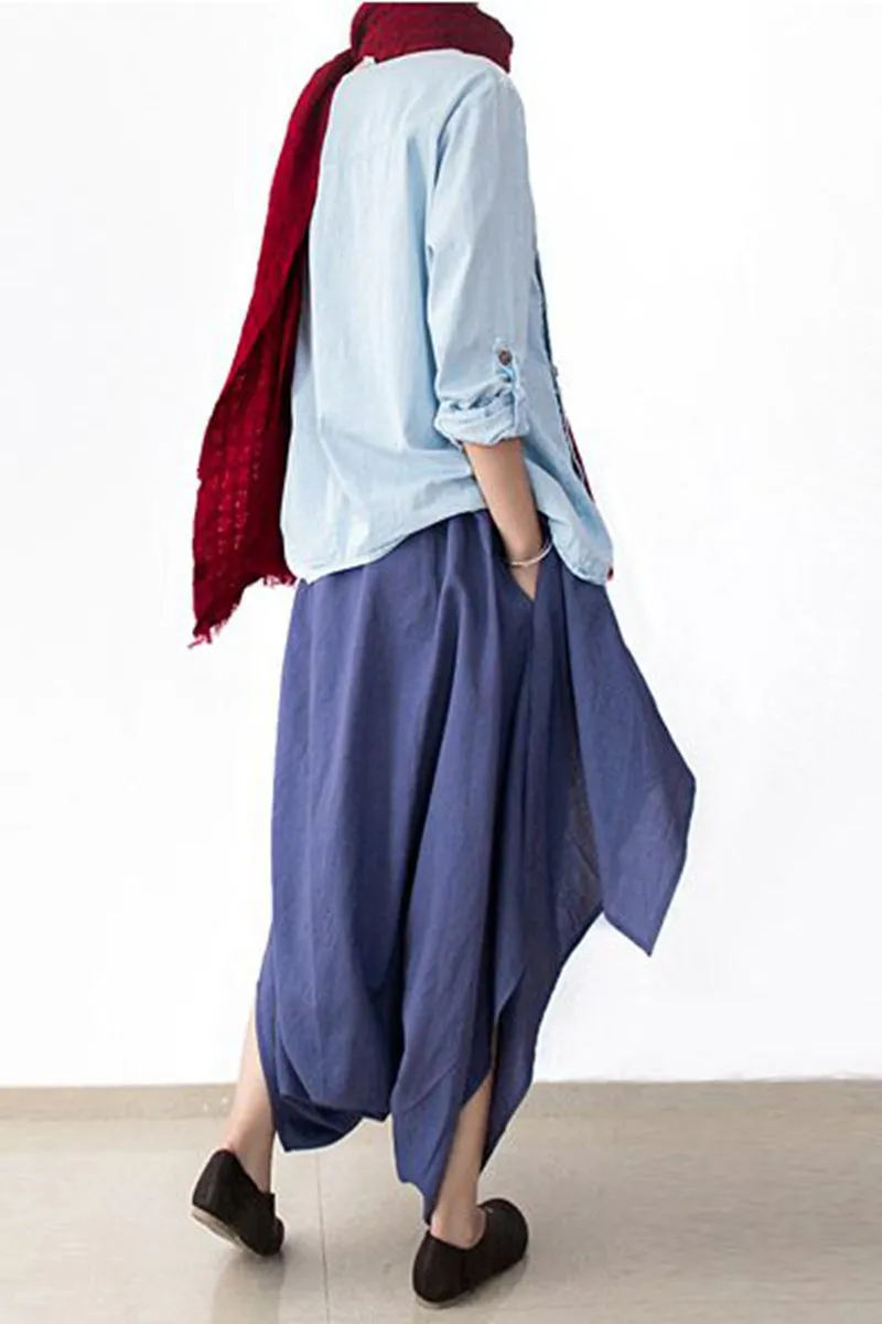 Cotton Wide Leg Pants Blue Casual Loose Women Trousers P4101