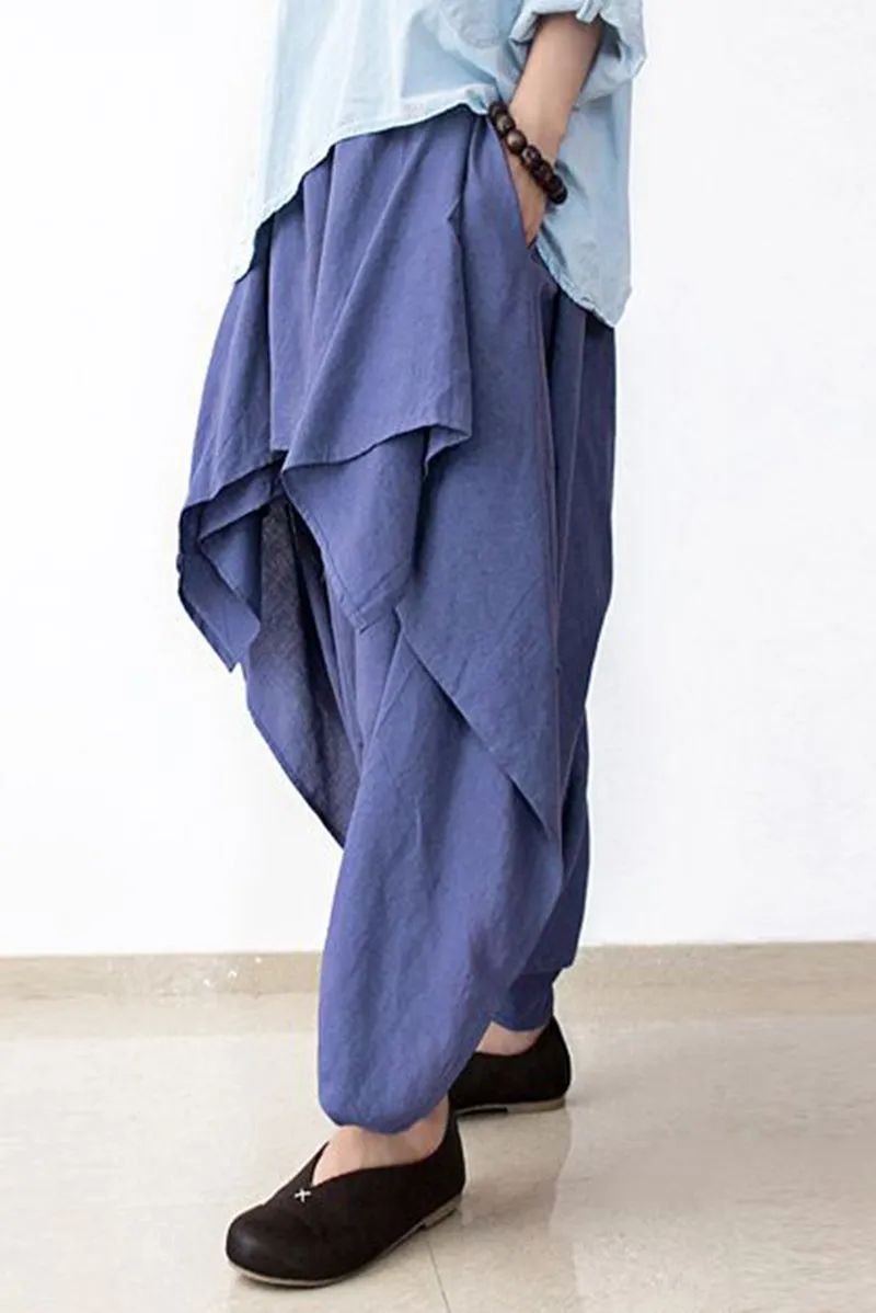 Cotton Wide Leg Pants Blue Casual Loose Women Trousers P4101