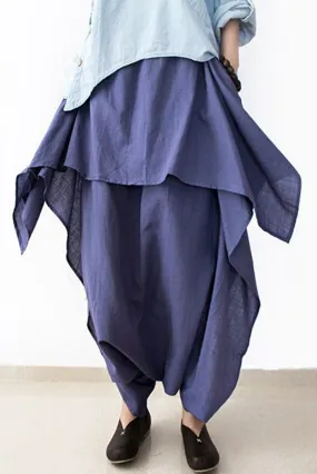 Cotton Wide Leg Pants Blue Casual Loose Women Trousers P4101
