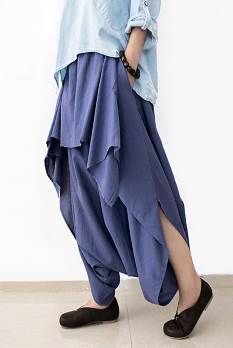 Cotton Wide Leg Pants Blue Casual Loose Women Trousers P4101