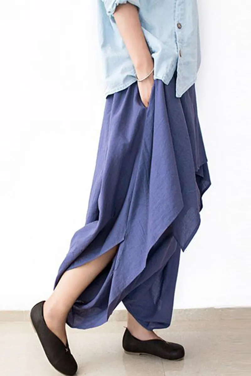 Cotton Wide Leg Pants Blue Casual Loose Women Trousers P4101