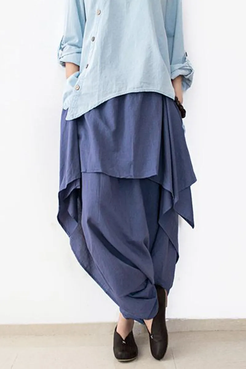 Cotton Wide Leg Pants Blue Casual Loose Women Trousers P4101