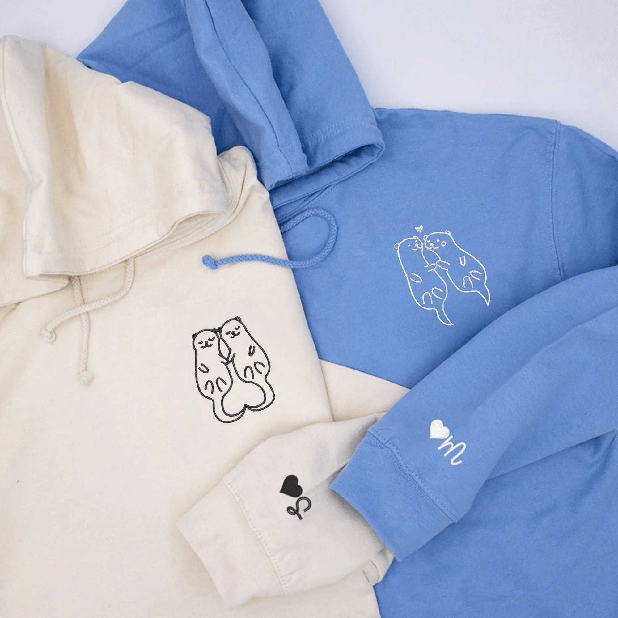 Custom Embroidered Matching Lovely Otter Couple Hoodies - Matching Sweatshirts For Couples