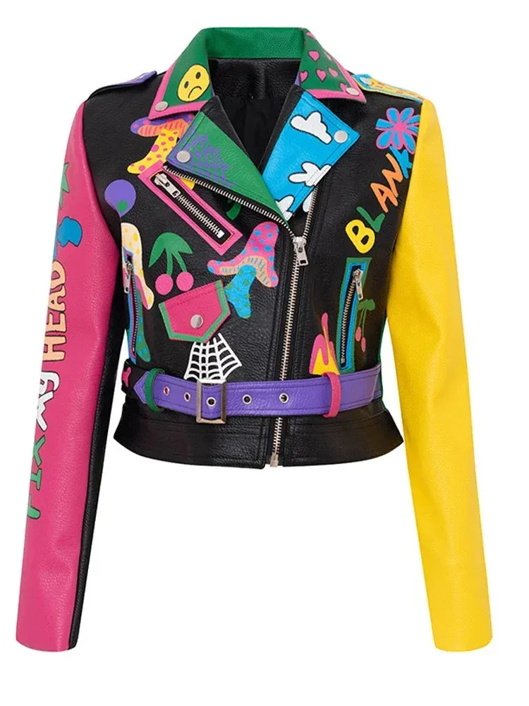 Fashion Brand Coat PU Leather Jacket Women Leopard Print Graffiti Rivets Punk Coats Slim Locomotive Cropped Jacket Leather Top