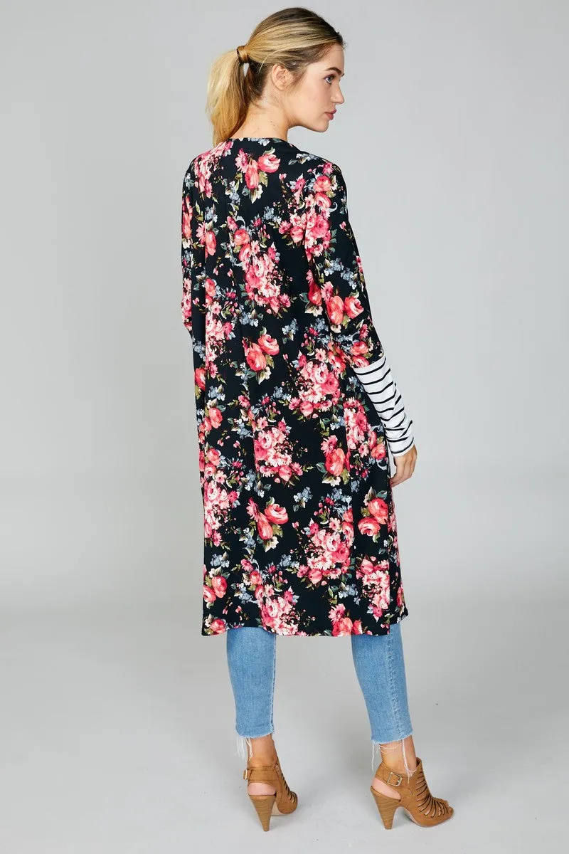 Floral Stripe Sleeve Cardigan- T820