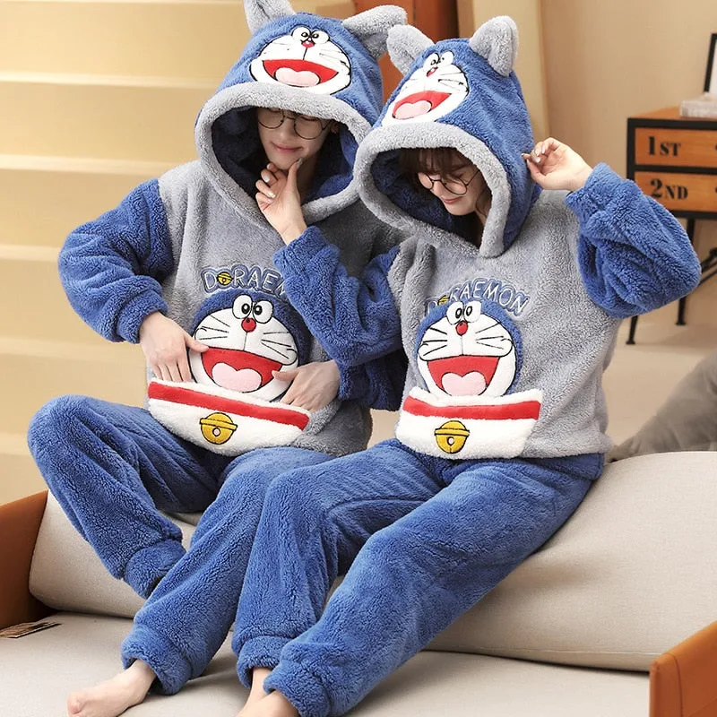 Korean Cartoon Bear Anime Couple Pajamas Set - Winter Thicken Warm Sleepwear for Women and Men