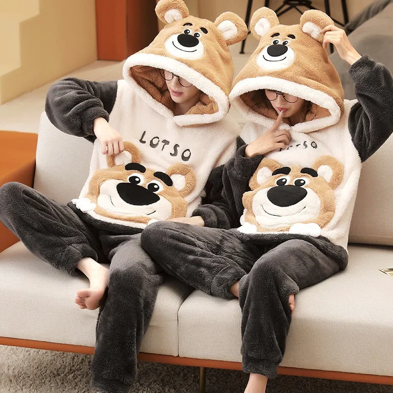 Korean Cartoon Bear Anime Couple Pajamas Set - Winter Thicken Warm Sleepwear for Women and Men