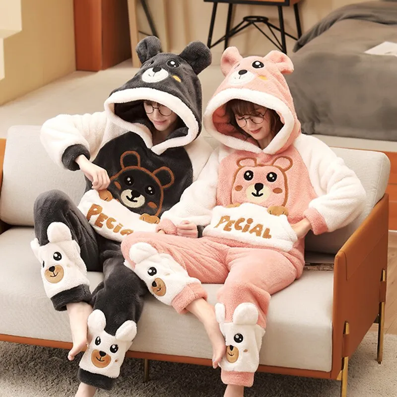 Korean Cartoon Bear Anime Couple Pajamas Set - Winter Thicken Warm Sleepwear for Women and Men