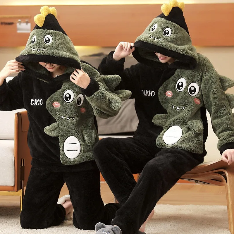 Korean Cartoon Bear Anime Couple Pajamas Set - Winter Thicken Warm Sleepwear for Women and Men