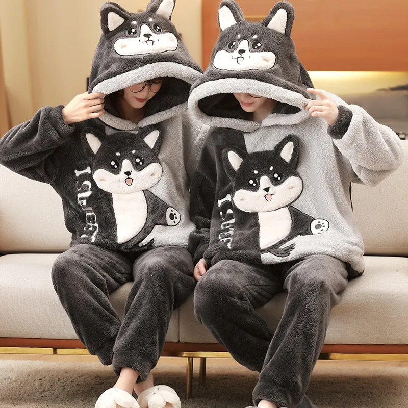 Korean Cartoon Bear Anime Couple Pajamas Set - Winter Thicken Warm Sleepwear for Women and Men