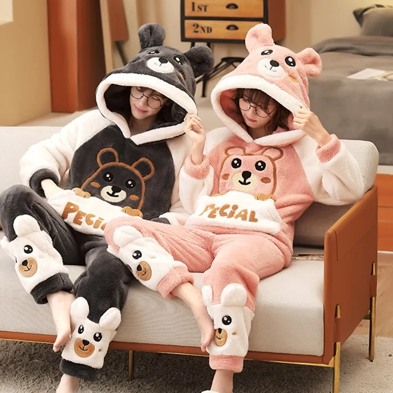 Korean Cartoon Bear Anime Couple Pajamas Set - Winter Thicken Warm Sleepwear for Women and Men