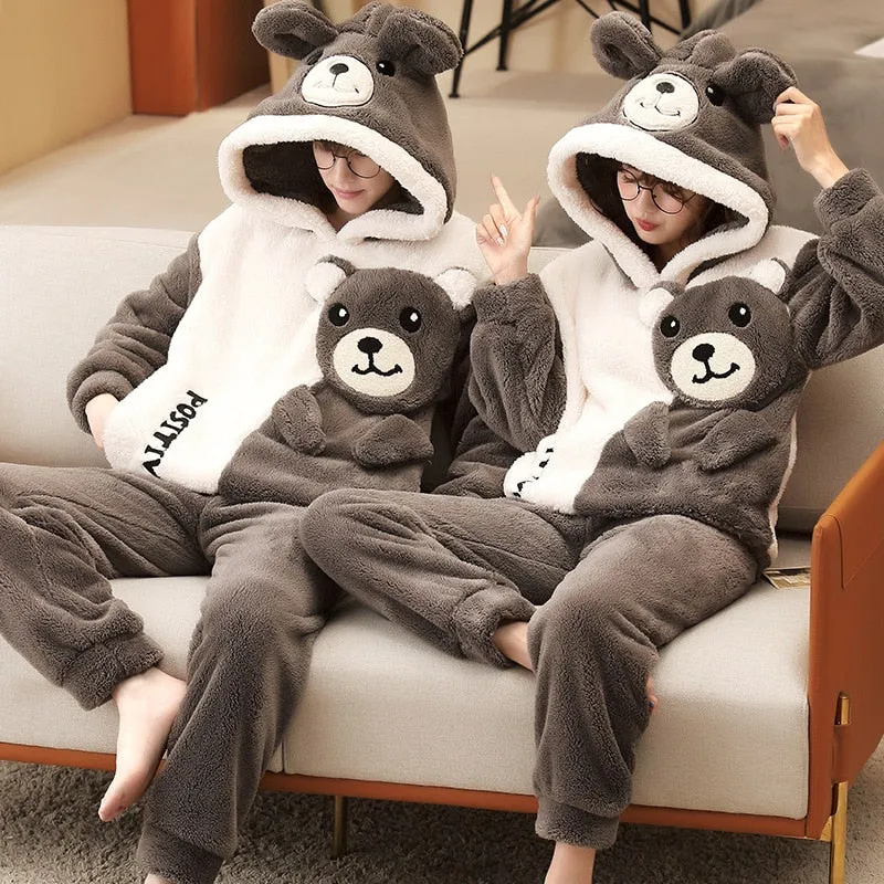 Korean Cartoon Bear Anime Couple Pajamas Set - Winter Thicken Warm Sleepwear for Women and Men