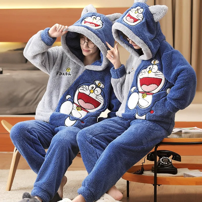 Korean Cartoon Bear Anime Couple Pajamas Set - Winter Thicken Warm Sleepwear for Women and Men