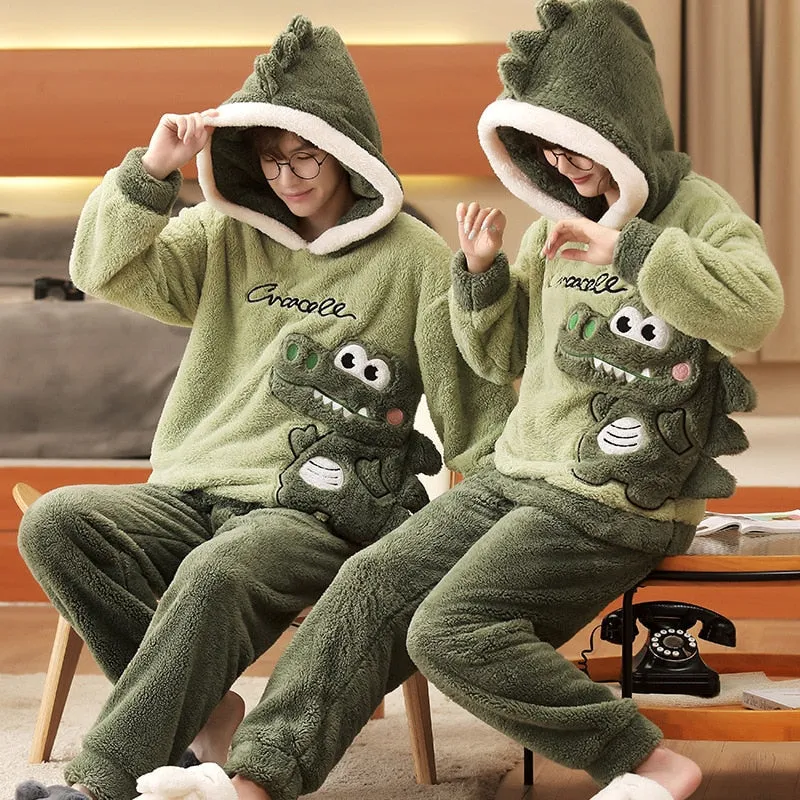 Korean Cartoon Bear Anime Couple Pajamas Set - Winter Thicken Warm Sleepwear for Women and Men