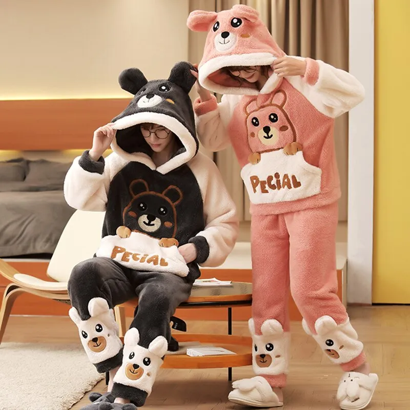 Korean Cartoon Bear Anime Couple Pajamas Set - Winter Thicken Warm Sleepwear for Women and Men
