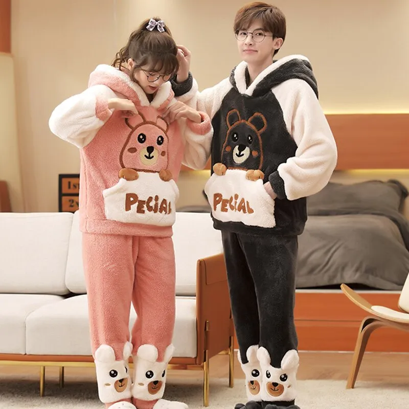 Korean Cartoon Bear Anime Couple Pajamas Set - Winter Thicken Warm Sleepwear for Women and Men