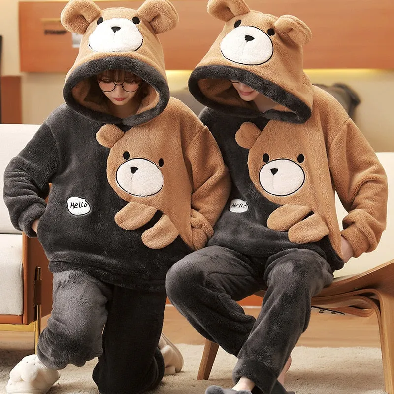 Korean Cartoon Bear Anime Couple Pajamas Set - Winter Thicken Warm Sleepwear for Women and Men
