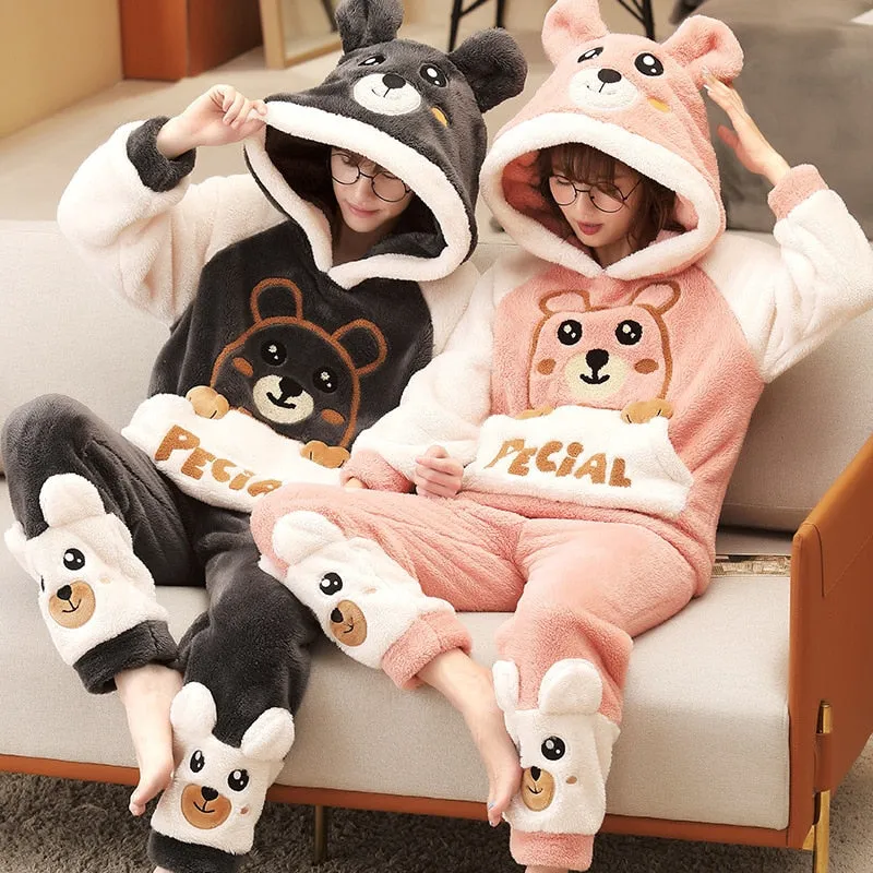 Korean Cartoon Bear Anime Couple Pajamas Set - Winter Thicken Warm Sleepwear for Women and Men