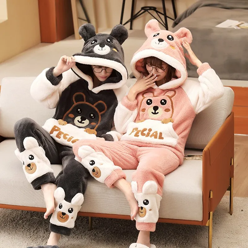 Korean Cartoon Bear Anime Couple Pajamas Set - Winter Thicken Warm Sleepwear for Women and Men
