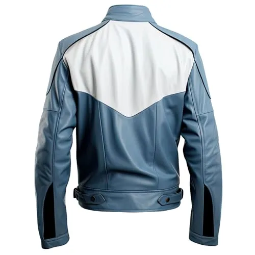 Leather Jets Mens Dusty Blue White Genuine Sheepskin Racer Stand Collar Zipup Sleek Winter Soft Moto Leather Jacket